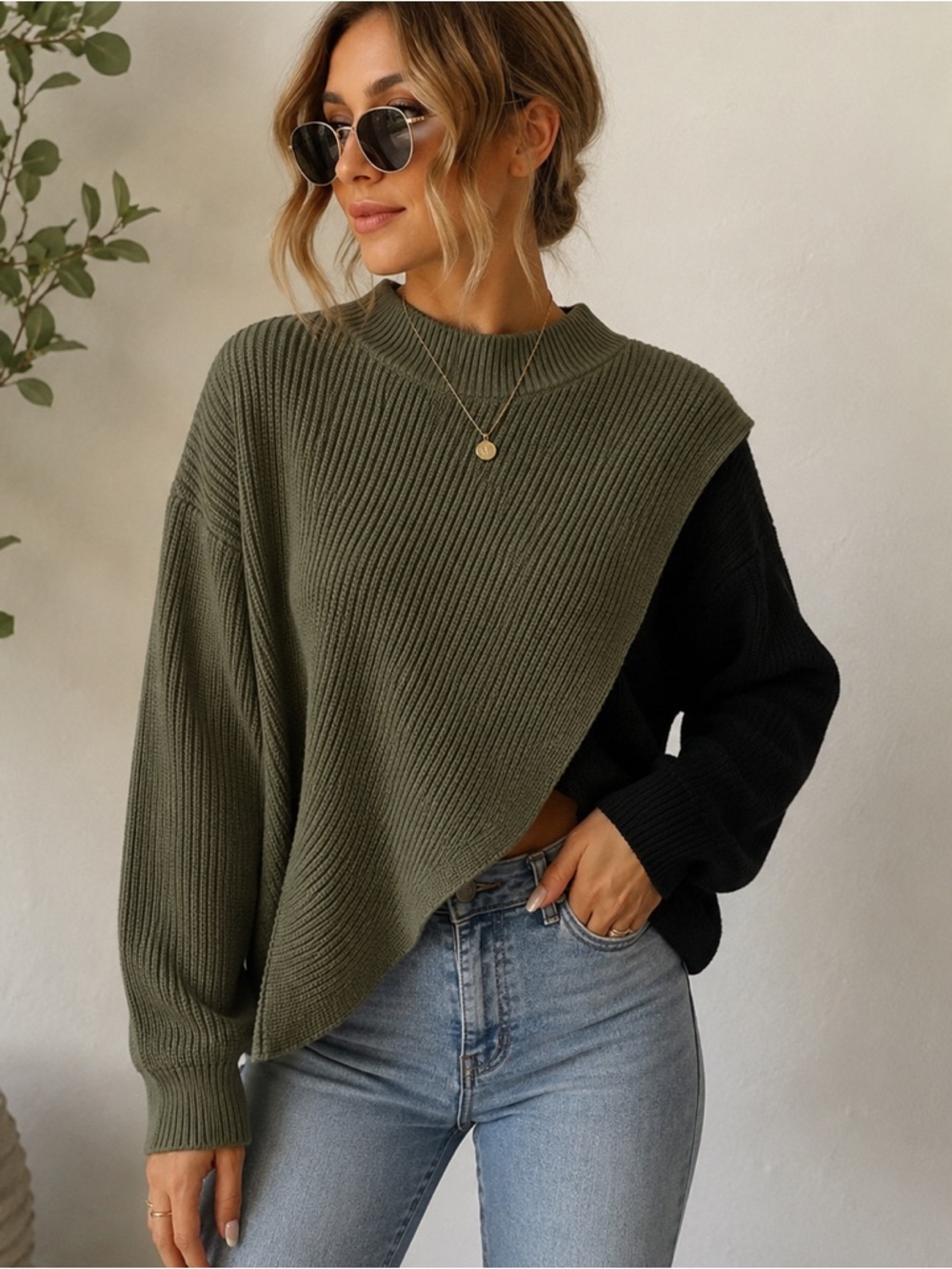 Olive and Black Ribbed Asymmetric Crew Sweater